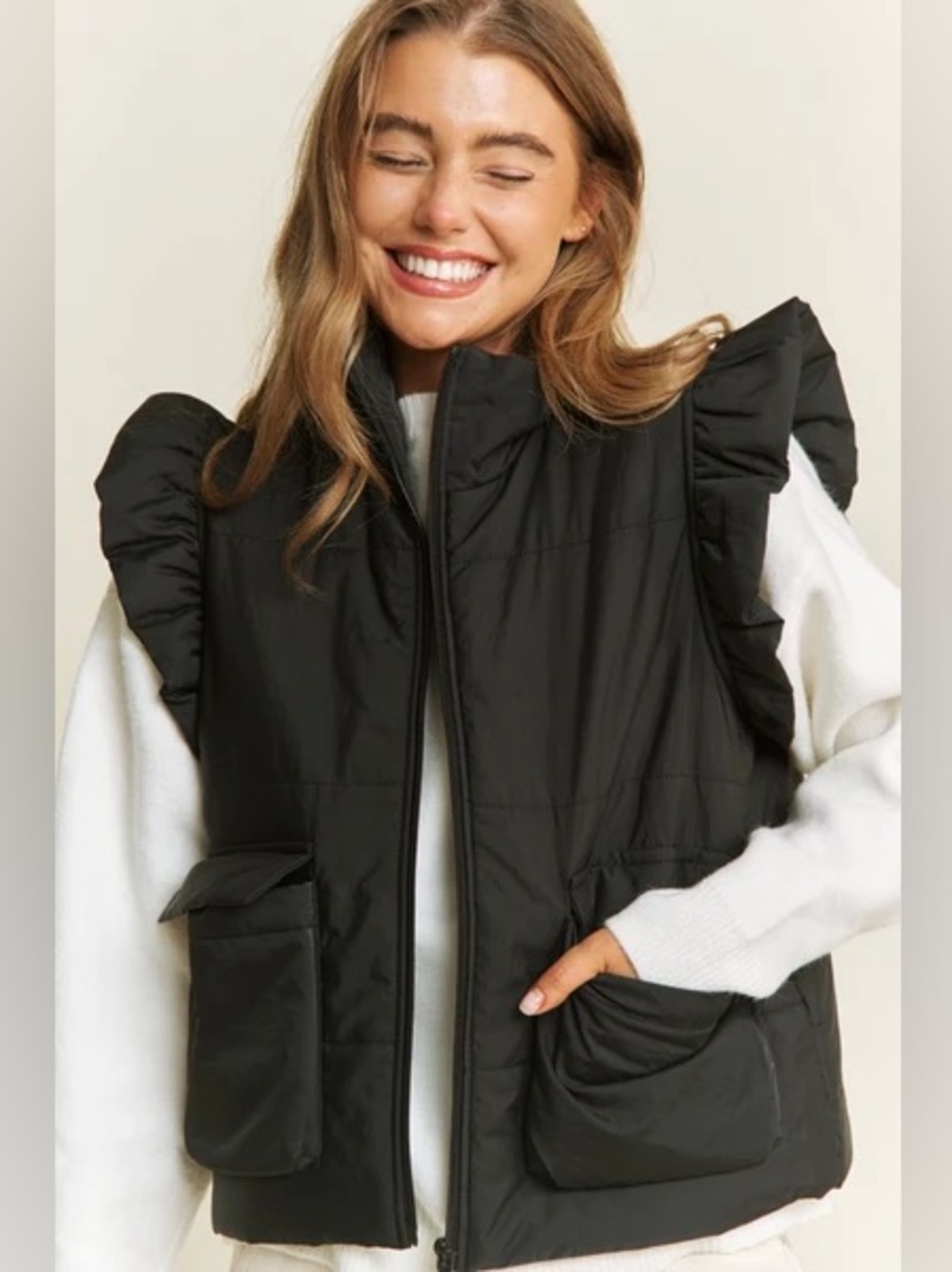 Sweet Generis Black Ruffle Sleeve Puffer Vest Women’s Medium NWT